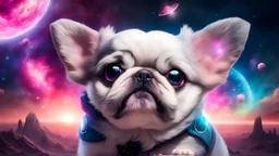 fluffy extra large eyed happy puppy gray-white frenchton in sith lord uniform in the distance a colorful intricate HEART shaped planet similar to earth in a brig ażht nebula. sparkles. Cinematic lighting,vast distances, swirl. fairies. magical DARKNESS. SHARP. EXTREME DEPTH. jellyfish, cinematic eye view