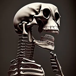 Smiling skeleton, photographer in studio. Big camera in hands. Photographic equipment, cameras, softboxes are in background. High detailed. Photorealistic. Scarry mood. volumetric lighting