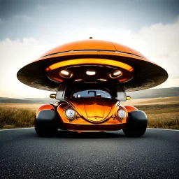 award winning photograph of a steampunk house-fly ufo vwbeetlegenetic-splice designed by only one vehicle per image painted metallic orange traveling at a high rate of speed, jet intake off of front center of vehicle and jet exhaust out the rear bilaterally symetrical, more a high speed road vehicle