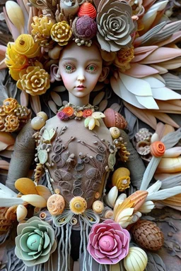 'Doll Parts" depicts a statue at Burning Man consisting of mismatched doll parts decorated with intricately detailed quilling consisting of flowers, foliage, feathers, shells, fossils, wood, pinecones, and gemstones; surrealism; Salvador Dali; Mixed media, quilling, rapturous, award-winning, intricate, insanely detailed, elegant, fantasy