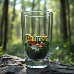 Create hyper-realistic photo of a glass tumbler in a wild forest. Inside, a miniature [Tehran] with landmarks. A trasparrent 3D text of [Tehran] blends naturally into the landscape . Soft bright daylight, reflections, and subtle imperfections like fingerprints. DSLR quality, sharp focus.