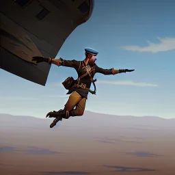 a soldier jumping off of an airship, during a war in a desert