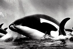 An orca army pod fighting in WW2, swimming up a stream to attack, orca insurgents