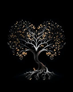 The tree is a heart that represents grace and beauty. Intense black background. Negative space, illustration, vibrant.