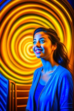 awake inside a dream game show, woman smiling online in the style of a master italian painter, spray paint, photo realism, trending on art station, 8k, depth of field, down light, light rays, volumetric, reflective spiral staircase, blue, yellow, golden brown and orange