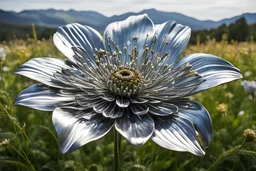 A lifelike thick metal chrome flower blooms amidst a serene meadow, its intricately woven petals and stem radiating realism and rich detail.