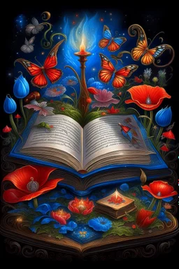 A thick magic book lies open on the table.Poppies + cornflowers + lilies of the valley grow vertically from the book.butterflies are flying.3d.Candles burning brightly.Multilayered + multidimensional + Filigree.Magic+Beauty + antiquity. Colored watercolor pencils+Detailed fine ink drawing. luxury +Alfonso the Fly. Diamond glitter.Juicy.Ultrarealism.botanical art.Luxury. High resolution. Clarity.Voluminous.Depth.Aesthetics of old books