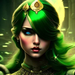 fantaisy setting, medieval fantasy, insanely detailed, woman, indian, peau sombre, green hair strand