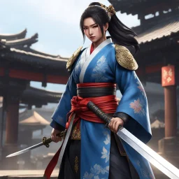 The guardian stands tall, Kimono turned combat gear, Beauty wields power. Her strength emanates, Ancient grace meets modern might, Katana gleams bright. Skillful hands at work, Firearm and blade in balance, Enforcer's resolve.