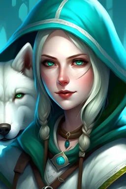 Picture a porcelain beautiful woman with soft features, thick blonde bob length hair. She has blue-green eyes. She is wearing a blindfold and a hood with a big white direwolf by her side and who is also a gamer girl and the protector of relms