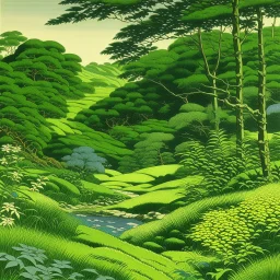 A green jungle near a wetland painted by Katsushika Hokusai