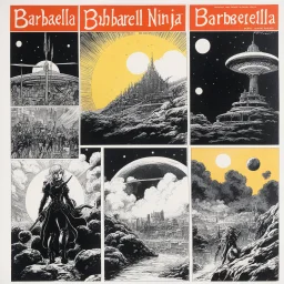 [Barbarella Ninja] Original and final cover art and five interior illustrations by underground comix artist, Brion Gysin, from the German edition of Charles Bukowski’s book, Women, circa 1980’s.