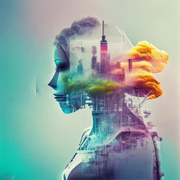 smoke, smog, city scape with pollution, double exposure photography, colourful nature, clean sharp focus, on white background