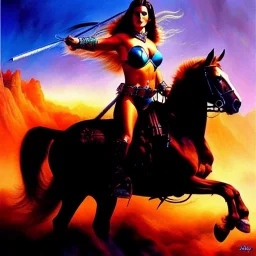 portrait oil on canvas,beautiful busty Female Warrior riding a horse, minimal armor,comic book cover, mystical colors,insanely detailed,realistic,intrincate detail,crystal clear eyes, 16k resolution, masterpiece,Simon Bisley,Frank Frazetta,Alex Horley,ARTHUR ADAMS