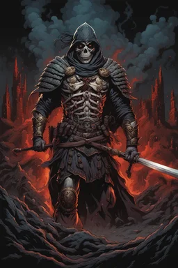 a warrior with his chest made of bones and eyes made of smoke. dark horror setting. terrifying horror backgrund of death. blood, guts, gore. visceral. Mark Brooks and Dan Mumford, comic book art, perfect, smooth