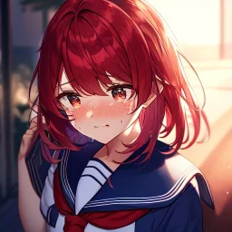 Clear focus, High resolution, medium length hair, cyan hair, red hairs, wearing a sailor uniform, crying