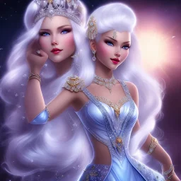 Ice Princess with white hair smilling, a crown with precious stones, bright background