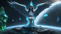 angels with a beautiful face with a wings siting on the monolith made of blue tiberium crystals of lights, matrix universe, planets on the back grounds, green crystals of tiberium on the life and right