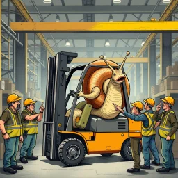 A giant snail in a factory driving around in a forklift, and are in the way for every worker, other angry workers stands around the snail and yell at him, pointing and give him the long finger