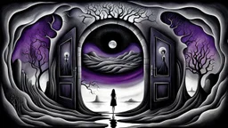 painted inner world with neurodivergens mind and soul, floating doors over surreal cracked weird landscape . an alone woman of black shilutte in big fade neuoron web. deep dark colors, dark purple, gray, with silver and black. Whimsical strange style of Chagall, of LORI EARLEY and of Anton Semenov. weird absurd beauty nightmare, black shadows, in background cyber neuronic network, surreal vibe,