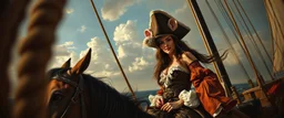 pin hole cam, master oil painting by Rembrandt, good afternoon bitch scary hot seductive pirateress merchant rat swashbuckler on stallion on ship