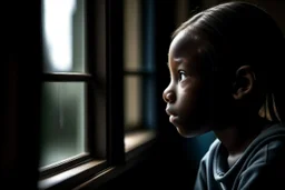 An 11-year-old girl looks out of a window inside the classroom, her hand is not visible, dark-skinned