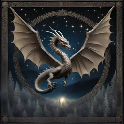 image framed with a thin border of celtic designs, story book cover format, A winged celestial dragon in flight above a forested mountain, against a background of brilliantly glittering stars, hd 4k, fine sharp detail