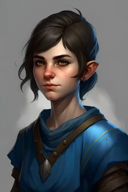 teen woman half orc with blue clothing short hair