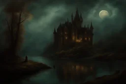 , beautiful and highly detailed , meticulously detailed dark sky, strange witch; ethereal fantasy hyperdetailed mist, maximalist matte painting, polished, realistic oil painting; Victorian era portrait castle by the lake ,painting, old fashioned, vintage, antique, beautiful, bleak environment, gothic, spooky, eldritch, 16k