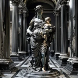 A large black marble statue of a woman holding a baby in her arms, standing among the remains of fallen columns of a Corinthian temple, a very detailed sculpture