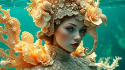 Beautiful young faced meemaid under water, wearing palimpsest art nouveau lace embossed sea shell and creatures ornate costume, adorned with palimpsest art nouveau sea creatures, sea horse. Shell coralls headdress and ribbed with árt Nouveau coralls flower and seapearls costume organic bio spinal ribbed detail of under water art nouveau sea shell embossed extremely detailed art nouveau style maximálist hyperrealistic concept árt portrait