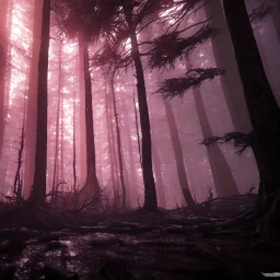 spooky forest, 4k, 8k, highly detailed, cinematic, ultra photorealistic, volumetric lighting, sharp details, mist, trees, depth of field, sun shafts, sunset, wide view