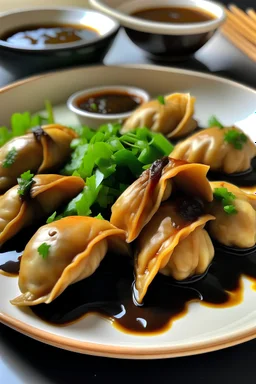 A picture of a plate of crispy vegetable dumplings with a side of soy sauce.