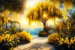yellow, gold light effects colors, magic garden with mimosa tree, highly detailed, high contrast, seaside, 8k, high definition, realistic, concept art, sharp focus