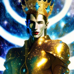 A divine being made from the combination of water and sun with cosmic powers and Dracula God-like man with infinite power who owns the galaxies and wears a beautiful crown A battle suit made of galaxies and stars with a glove that has seven endless stones