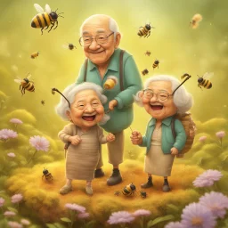 Happiness grandma and grandpa are healthy in a planet of honey stingless bee, realistic