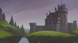 stone medieval castle with moat near a forest