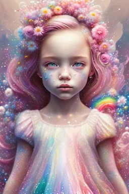 a little girl,brown eyes, pink hair, colorful, watercolor splash, white dress, rainbow flowers, in the style of Camilla d'Errico, hyper detailed, beautiful, complex, trending on artstation, cryengine, national geographic photo, chiaroscuro