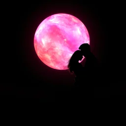 In the foreground, the dark silhouettes of a handsome young man and a beautiful young woman embrace as lovers. In the background, a giant orb composed of pink, purple, and orange plasma shimmers brightly. An inky black void frames in the image.