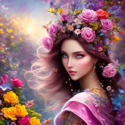 bright fairy, beautiful portrait, flowery landscape