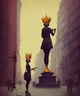 Statue of Queen of photography. Cute blonde woman. Photographer in golden crown. Standing on the street. Big camera in her hand. hyperdetailed, photorealistic, trending on artstation, greg rutkowski, beksinski, kodachrome