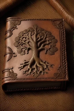 brown leather bound book, an oak tree is embossed on the front cover, the book should look old and mystic, possibility to be locked by a buckle