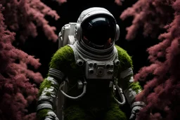 A moss-covered astronaut against a stark black background, ultra-detailed texture, high-resolution, cinematic lighting, selective focus, enhanced contrast, vibrant greens, sophisticated shadow play, intricate costume details, atmospheric mood, depth of field