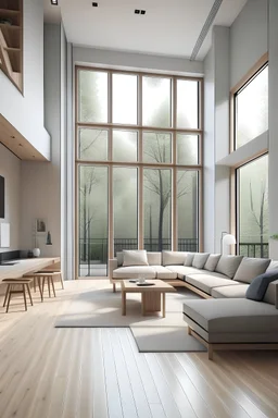 minimalist living room on the second floor with a big window
