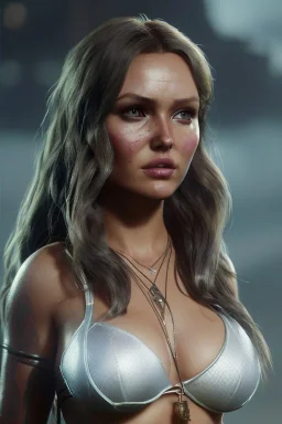 Camilla luddington face, big busty hitomi tanaka, texture skin,Crystal yellow eyes, long white hair, wearing The Lara Croft, realistic, 4k, intricate, best quality, fog particles, fire particles, octane render, vray, sword fire, rain