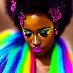 full body shot, masterpiece, best quality, woman, dark skinned, sparkling eyes, fluorescent skin, colorful makeup, afro, highly detailed body, sun light, 4K, RAW, depth of field, high contrast, realistic details, 24mm