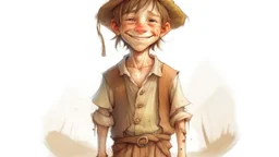 fantasy illustration of a poor country boy. He is 10 years old ,his clothes are torn, but he looks happy.