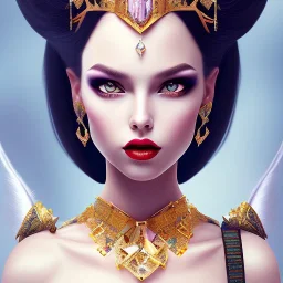 a princess with a lot of jewellery, beautiful long black hair, gold lipstick, blue eyes,with feather dramatic, dramatic lighting, pixar style, volumetric lighting, hyperrealism, 8k, high quality, photorealistic, lot of details