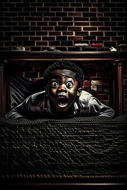 A scared black child lurking scarely over the edge of his bed. His bed is balanced on bricks at all four corners, under the bed is a small, mischievous spirit