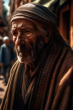 Berber man, detailed, hyper realistic, aged around 60, with weather-beaten face etched with lines of wisdom, sporting traditional Moroccan robe (djellaba), walking amidst the bustling streets of Marrakech.